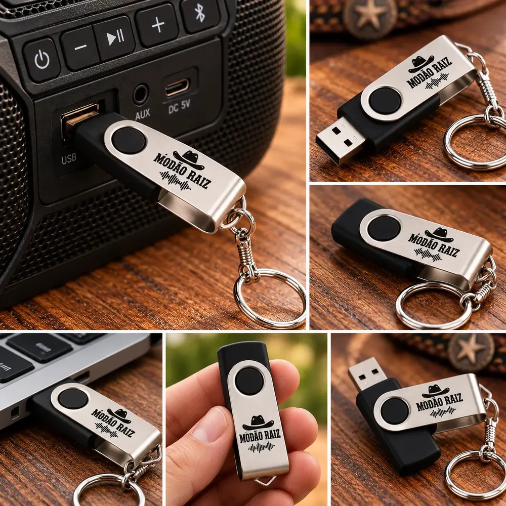 Colagem de fotos do Pendrive Modão Raiz com chaveiro na caixa de som, no notebook e na mesa de madeira