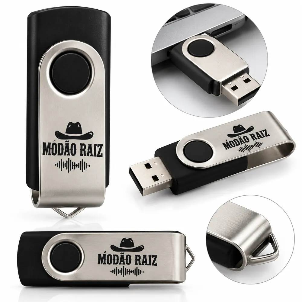 Pendrive metálico compacto visto de vários ângulos