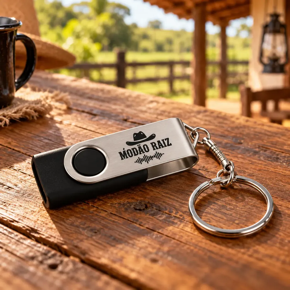 Pendrive com chaveiro sobre mesa de madeira em cenário de fazenda