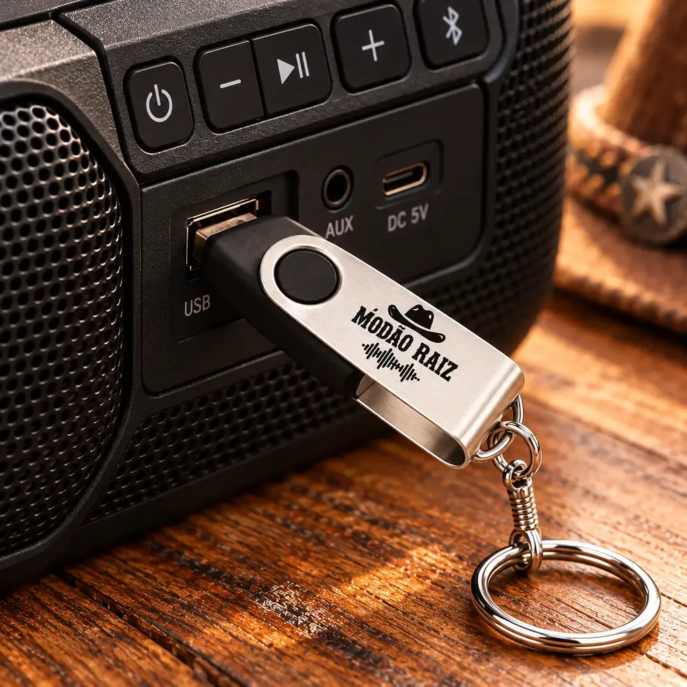 Pendrive conectado na porta USB de uma caixa de som